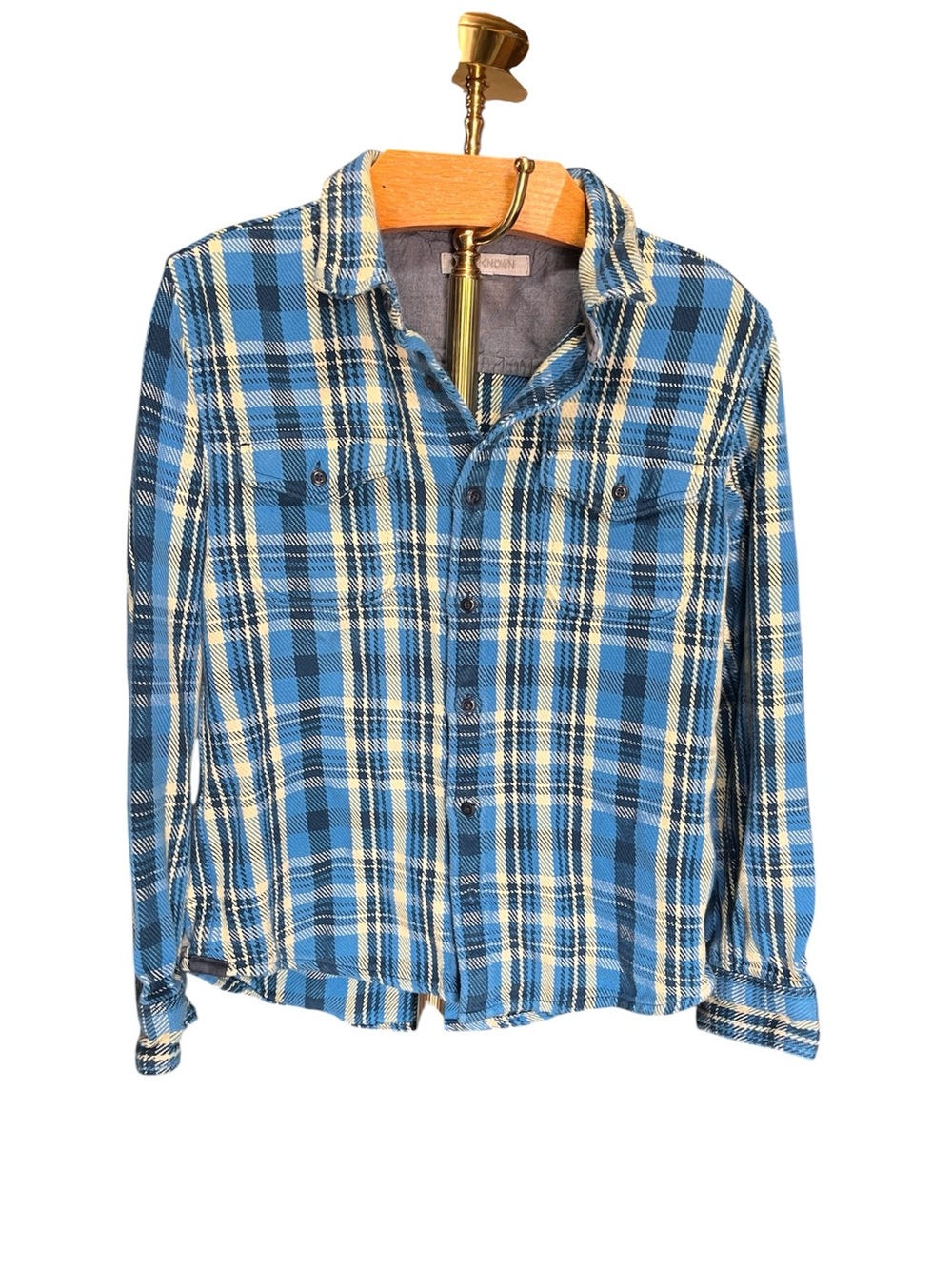 Outerknown Blue and Yellow Plaid Button Down Shacket Medium